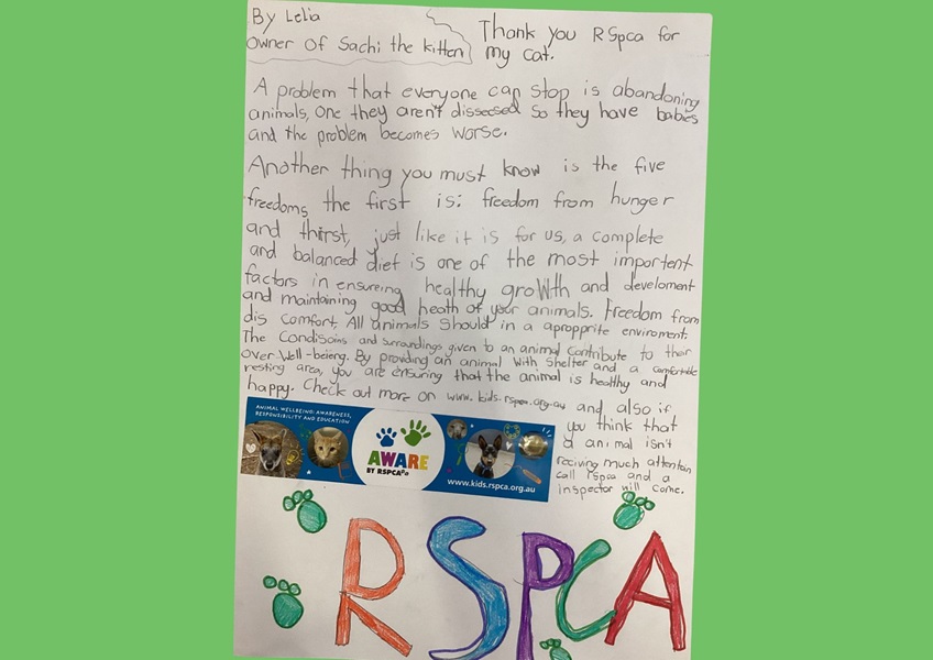 Lelia has learned so much about animal welfare and care from RSPCA and even adopted her kitten Sachi from our shelter! Her lovely artwork contains so many important messages that everyone iin the community should learn. Thanks for your support Lelia! 
